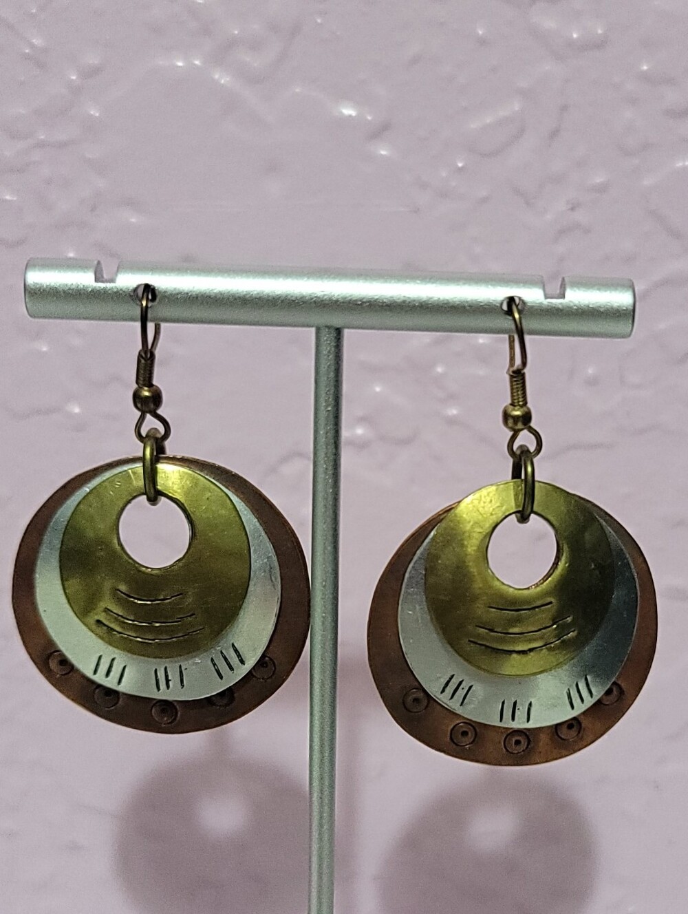 NWT RJ Collection Vintage Gold Silver Copper Tone Circle Disc Dangle Earrings